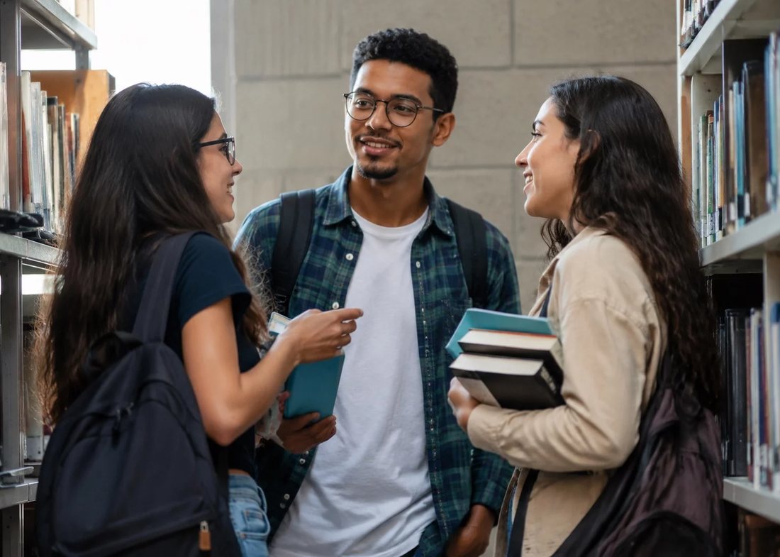 Alunos conversando de pé no corredor entre as estantes de uma biblioteca